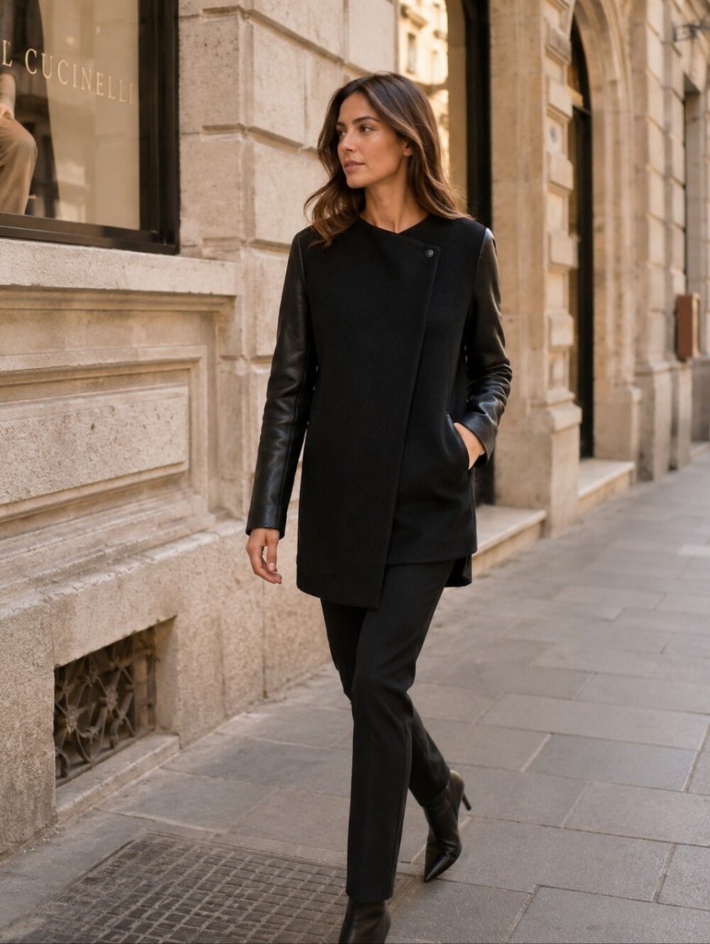Vince black leather wool minimalist coat jacket